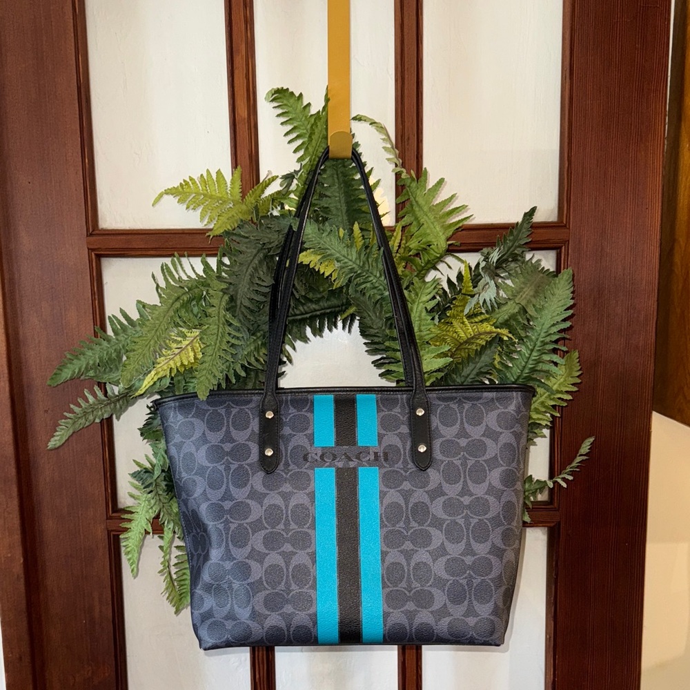 Coach Gray Signature Tote with Teal and Black Stripes